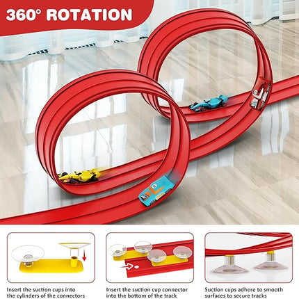 16 Ft Flexible Race Car Ramp Track for Kids Toy with Suction Cups, Compatible with Diecast 1/64th Cars, Rolls Up Portable Racetrack Party Favor Gifts for Boys Ages 3-10 Year Old (Racing Red)