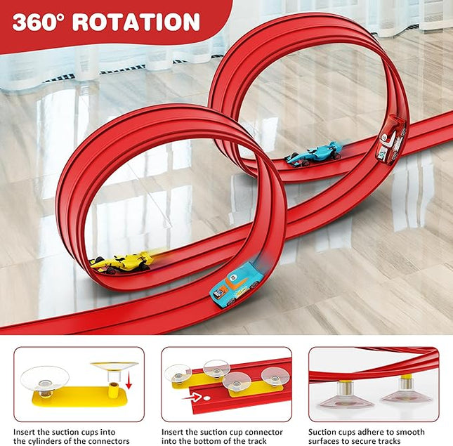 16 Ft Flexible Race Car Ramp Track for Kids Toy with Suction Cups, Compatible with Diecast 1/64th Cars, Rolls Up Portable Racetrack Party Favor Gifts for Boys Ages 3-10 Year Old (Racing Red)