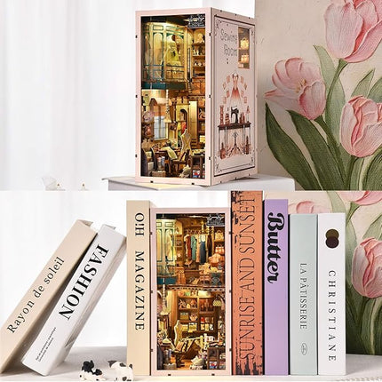 Book Nook Kit, DIY Miniature House Dollhouse Kit for Adults and Teens, 3D Wooden Puzzle Bookend Creative Bookshelf Insert Decor with LED Light, Gifts for Family, Friends (Sewing Room)