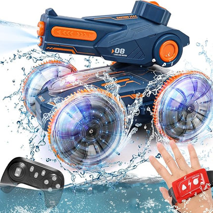 Amphibious Remote Control Car - Stunt Toy for Kids Ages 6-8-12, Water & Land 4WD with Gesture Sensing, Lights, Waterproof, Rotation, Beach & Pool Fun, Idea for Boys