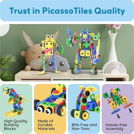 PicassoTiles 201pc STEM Learning Block Construction Kit with Power Drill and Clickable Ratchet Educational Engineering Toy Set Kids Age 3 Plus Preschool Activity Creative Play with Idea Book PTN201
