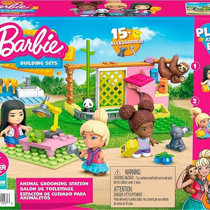 MEGA Construx Barbie Kids Building Blocks Toy Set, Animal Grooming Station with 97 Pieces, 3 Micro-Dolls, Barbie Pets and Accessories, Ages 4+ Years