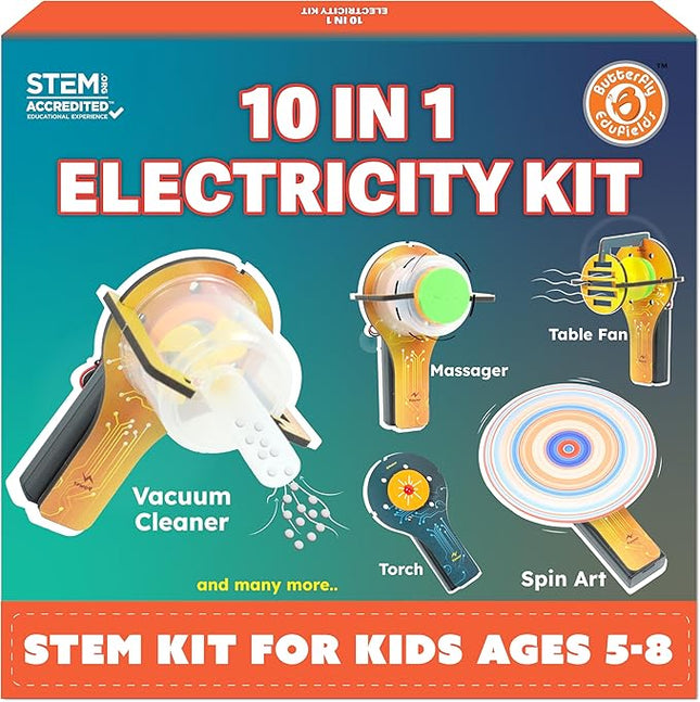 Butterfly EduFields STEM Kit 10-in-1 Science Experiments & Projects for Kids Ages 5-12 | Engineering Building Toy, Electronic Motor Robot Craft for Boys & Girls, Outdoor Summer Gift