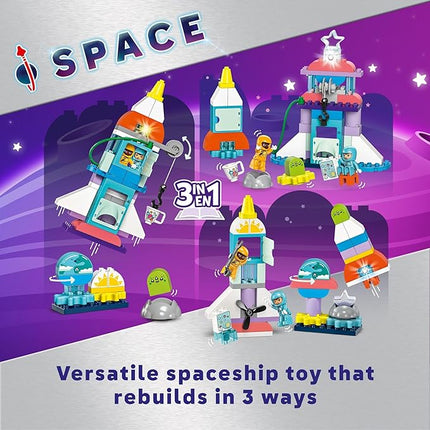 LEGO DUPLO 3 in 1 Space Shuttle Adventure Rocket Ship Building Set, Kids Educational Space Discovery Toy for 3-Year-Olds and Up, Develops Preschool Kids’ Learning and Fine Motor Skills, 10422