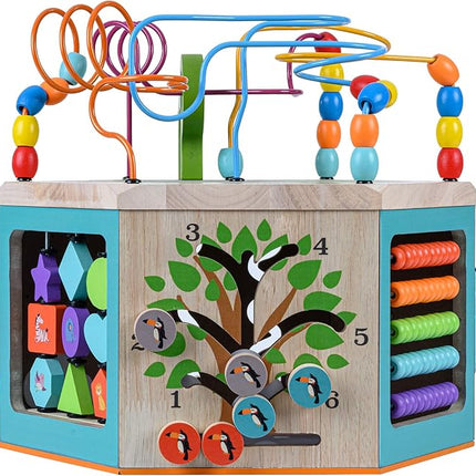 Teamson Kids Preschool Play Lab 7-in-1 Large Wooden Activity Cube Station Center Bead Maze and Counting for Kids Baby Toys, Natural