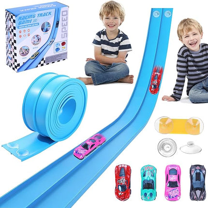 Flexible Race Car Ramp Track for Kids Toy 4 Small Race Cars and 8 Suction Cups Compatible with Hot Wheels and Diecast 1/64th Cars, Rolls Up Portable Racetrack for Ages 3 & Up (Light Blue)