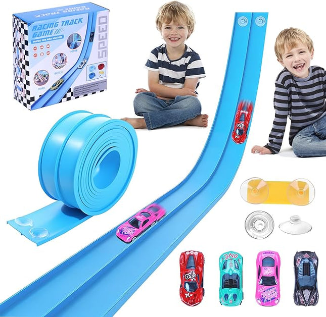 Flexible Race Car Ramp Track for Kids Toy 4 Small Race Cars and 8 Suction Cups Compatible with Hot Wheels and Diecast 1/64th Cars, Rolls Up Portable Racetrack for Ages 3 & Up (Light Blue)