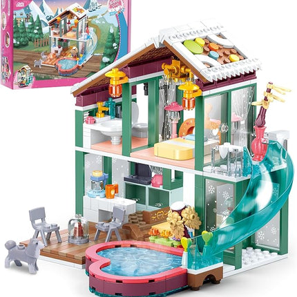 Building Blocks Set Toy, 439pcs Hot Spring Vacation House Building Bricks Kit for Kids, Girls Boys Building Blocks Construction Educational Toys Nice Present for Kids Age 6 7 8 9 10 11 12