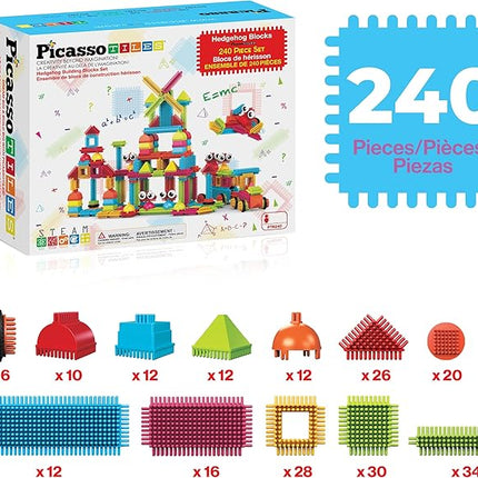 PicassoTiles 240pcs Hedgehog Interlocking Building Shape 3D Blocks, STEAM Educational, Creative, Fun Construction Playset, Sensory Toy Gift for Preschool and Kindergarten Kids, Ages 3 and Up, PTB240
