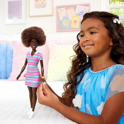 Barbie Fashionistas Doll #247 with Curly Black Hair, Pink and Green Striped Collared Dress with Accessories Like Orange Watch and White Sneakers