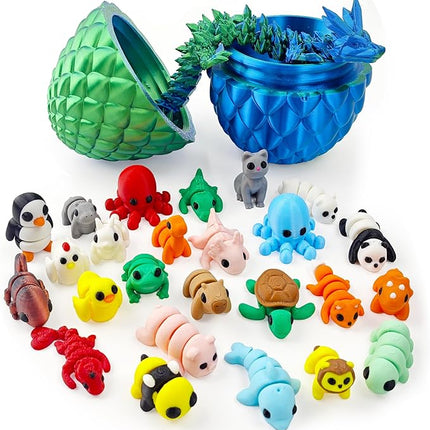 26PCS Mini 3D Printed Animal Figures Set and Dragon Eggs with 12In Dragon Inside, Premium 3D Printed Fidget Toys for Kids, Fun Party Favors, Unique Collector's Gift Set, Cute Desk Decor