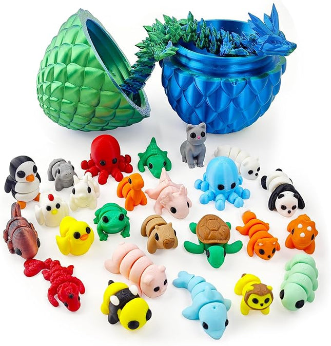 26PCS Mini 3D Printed Animal Figures Set and Dragon Eggs with 12In Dragon Inside, Premium 3D Printed Fidget Toys for Kids, Fun Party Favors, Unique Collector's Gift Set, Cute Desk Decor