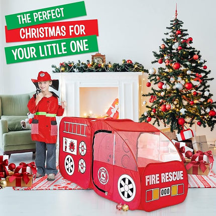 Kiddey Fire Truck Tent for Kids | Firetruck Play Tents with Sirens and Fireman Sounds for Girls, Boys, & Toddlers Gifts | Red Fire Engine Pop Up Playhouse with Costume | Indoor & Outdoor Baby Tent