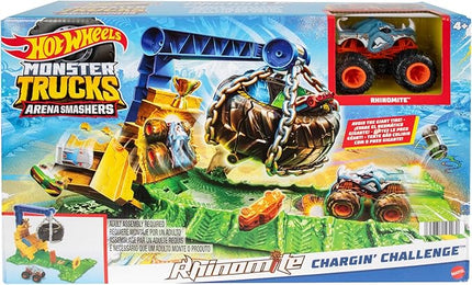 Hot Wheels Monster Trucks Toy Truck & Playset, Rhinomite Chargin’ Challenge Playset with a 1:64 Scale Vehicle & 2 Crushed Cars