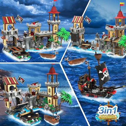 Pirate Castle Building Set with Light, 3 Modes Big Pirates Ship Bay Building Block 1502 PCS, Medieval Pirate Wharf House Construction Model Toy Home Decor for Adults Teens Boys Girls 10+