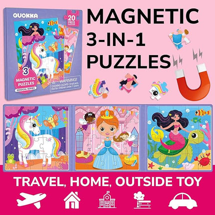 QUOKKA Magnetic Toddler Puzzles Ages 2-4 – 20 Pieces Kids Puzzles Ages 3-5 – Travel Games and Toys for Kids 4-6 Girls – Car Airplane Road Trip Activities with Unicorn, Princesses, Fairies and Mermaids