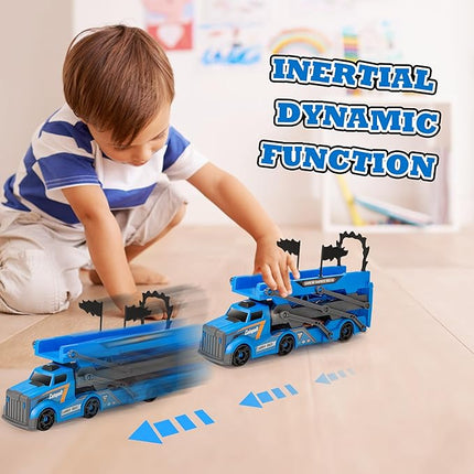 2-in-1 Folding Ejector Truck Slalom Track Car Set with 4 Racing Cars - Alloy Toy Car Folding Mini Car Set, Birthday Gift for 3 (Single Track Racing Blue)