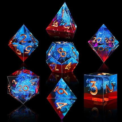 AUSTOR 7-Die DND Dice Set Handmade Sharp Edge Polyhedral Dice for Dungeons and Dragons RPG MTG Table Games（Flame Red & Ice Blue）
