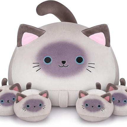 5 PCS Siamese Cat Plush Stuffed Animal Family-19" Soft Siamese Cat Plush, Large Mommy Plushies with 4 Baby Kittens Plushies for Kids, Kawaii Plush Toy Christmas Birthday Gifts for Kids Boys Girls