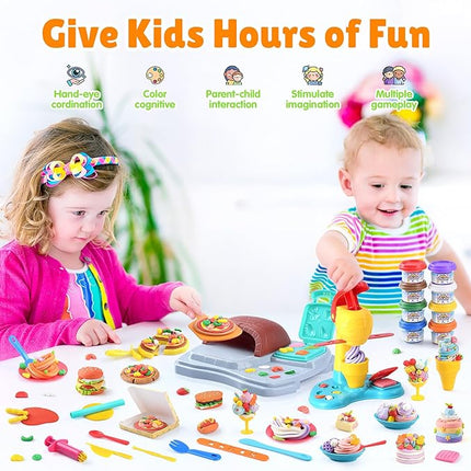 2 in 1 Color Dough Sets for Kids Ages 2-4-8, Kitchen Creations Ice Cream Pizza Maker Machine, Art Crafts Play Food Toys for 3 Year Old Girls Boys and Up, 8 Cans of Modeling Compound Dough,2 oz Cans