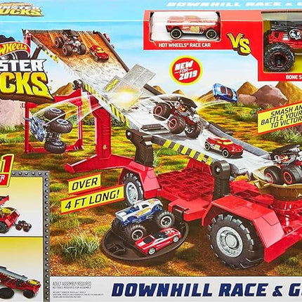 Hot Wheels Monster Trucks Playset, Toy Truck & Car, Down Hill Race & Go with 1:64 Scale Bone Shaker & 1:64 Scale Vehicle