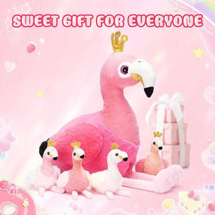 IKASA Mommy Flamingo Stuffed Animal Mom and Baby Plush Toy, Cute 24" Soft Small Mama Family Set Cuddly Toys with Little Mini Babies,Gifts for Kids