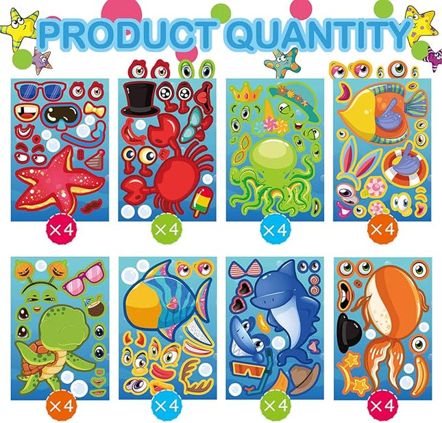 32 Sheets Make Your Own Ocean Animals Stickers for Kids Classroom DIY Art Craft Teacher Rewards Summer Party Favor Sticker for Birthday Gift Children Room Ocean Decorated
