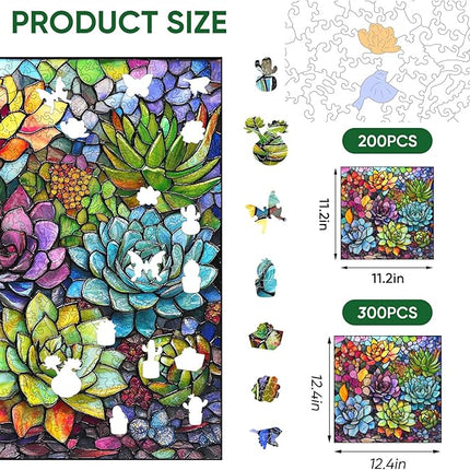 delobi Stained Glass Puzzle Succulent Wooden Puzzles for Adults 300 Pieces, Unique Liberty Challenging Jigsaw Puzzles Gift for Friends Family Game 12.4 x 12.4 Inch