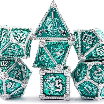 AUSTOR 7-Die Metal DND Dice Set Dungeons and Dragons Polyhedral Roll Playing Dice with Box D20 D12 D10 D% D8 D6 D4 for Pathfinder MTG RPG Board Games