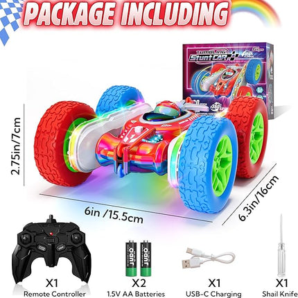 Remote Control Car for Kids Toys with Shiny Electroplated Finish, RC Cars Stunt Toy with LED Lights, 2.4GHz Double-Sided 360° Flips, USB-C Fast Charging, Perfect Birthday Xmas Gift for Boys