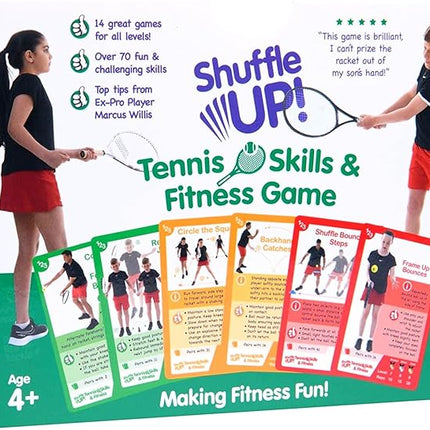 Shuffle Up Tennis Card Games - 70+ Fun & Active Skills Cards for Kids, Fitness Cards Develop Fundamentals, Stamina & Strength, Easy to Play for Kids | Multiple Skill Level Cards Include 2 Dices