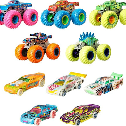 Hot Wheels Toy Monster Trucks 10-Pack of Glow-in-The-Dark 1:64 Scale Vehicles, GITD Set of 5 Trucks & 5 Cars, Play Vehicles for Kids & Collectors