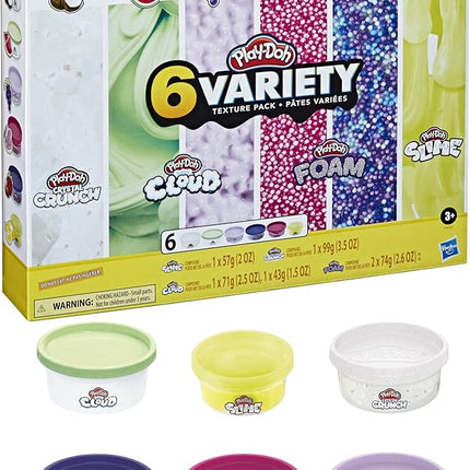 Play-Doh Slime, Crystal Crunch, Super Cloud, and Foam Scented 6 Variety Texture Pack, Tactile Toy for Kids 3 Years and Up, Non-Toxic Multicolored