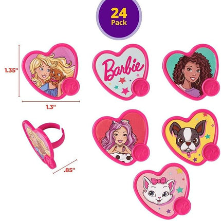 DecoPac Barbie Be The Future Rings, Pink Heart Shaped Cupcake Decorations Featuring Barbie and her Friends For Birthday Party And Celebrations - 24 Pack