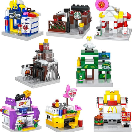 8 Packs Mini City Shop Street View Building Blocks Kit,MOC Construction Creative Educational Kit with Hair Salon & Café Store,Girls Boys Dream Toy Set,Christmas Birthday Party Favors for Kids