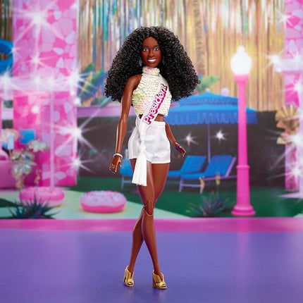 Barbie The Movie President Collectible Doll, ISSA Rae as President Wearing Shimmery White Blouse & Short Set, with Dark Curly Hair & President Sash