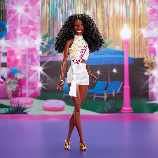 Barbie The Movie President Collectible Doll, ISSA Rae as President Wearing Shimmery White Blouse & Short Set, with Dark Curly Hair & President Sash