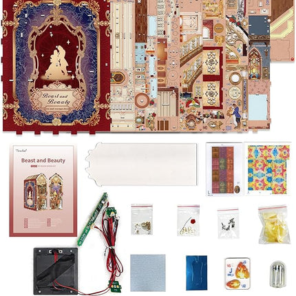 Tonecheer DIY Book Nook Kit for Adults, 3D Wooden Puzzle Music Booknook Miniature Dollhouse, Fairy Tale Bookend Bookshelf Decor with Dust Cover and LED Lights Gifts (Beast‌ and Beauty)