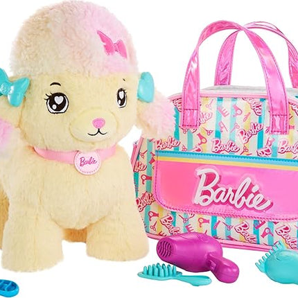 Mattel Barbie Plush Toy Playset, Hairdresser Poodle Stuffed Animal with Lights & Sounds, Plus Themed Purse & 6 Accessories, Salon Pet Adventure