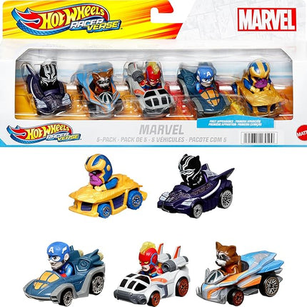 Hot Wheels Marvel RacerVerse 5-Pack of Die-Cast 1:64 Scale Toy Cars with Character Drivers, Use On or Off Hot Wheels Track