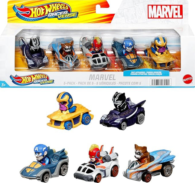 Hot Wheels Marvel RacerVerse 5-Pack of Die-Cast 1:64 Scale Toy Cars with Character Drivers, Use On or Off Hot Wheels Track