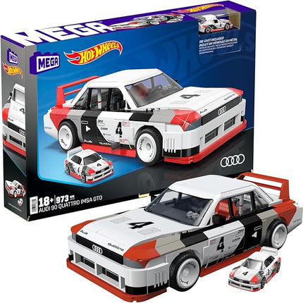 MEGA Hot Wheels Collectible Car Building Toy, Audi 90 Quattro IMSA GTO with 973 Pieces and Die-Cast Model, Build & Display Set for Collectors, Red