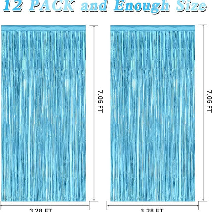 12 Pack Party Decorations, 3.28 FT x 7.05 FT Sky Blue Curtains, Metallic Party Streamers Photo Booth Backdrop Foil Fringe Curtains, Light Blue Winter Wonderland Backdrop Birthday Decor
