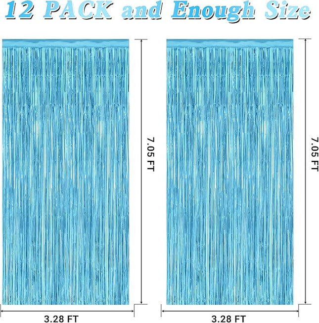 12 Pack Party Decorations, 3.28 FT x 7.05 FT Sky Blue Curtains, Metallic Party Streamers Photo Booth Backdrop Foil Fringe Curtains, Light Blue Winter Wonderland Backdrop Birthday Decor
