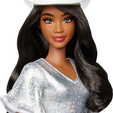 Barbie Fashionistas Doll #239 with Black Hair Wearing Sparkly Silver Fringe Dress with Western Accessories Like White Cowboy Hat and Boots