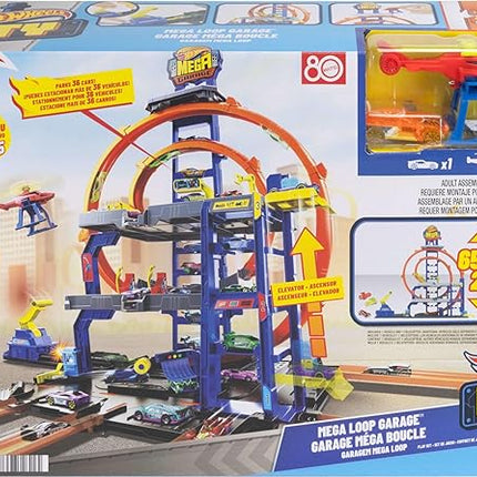 Hot Wheels Toy Car Track Set with Die-Cast Car & Helicopter, 2 Loops, Storage for 36 1:64 Scale Vehicles, Speed Snap Adapters, Mega Loop Garage