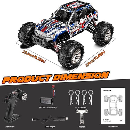 SIMREX 1/16 Scale Hobby RC Car, 36 KPH High-Speed 4WD RC Truck, 2.4 GHz Remote Control Car, All-Terrain Electric Vehicle, 4X4 Remote Contral Moster Truck for Kids and Adults