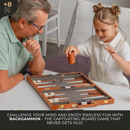 Large Backgammon Sets for Adults - Classic Board Games for 2 Players Adults and Kids - Premium Backgammon Set 15 inch Board and 32 Backgammon Pieces in Quality PU Leather Case - Gift for Man