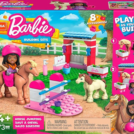 Mega Barbie Horse Jumping Building Set with 73 Bricks and Special Pieces, Accessories and 1 Micro-Doll, Toy Gift Set for Ages 5 and Up