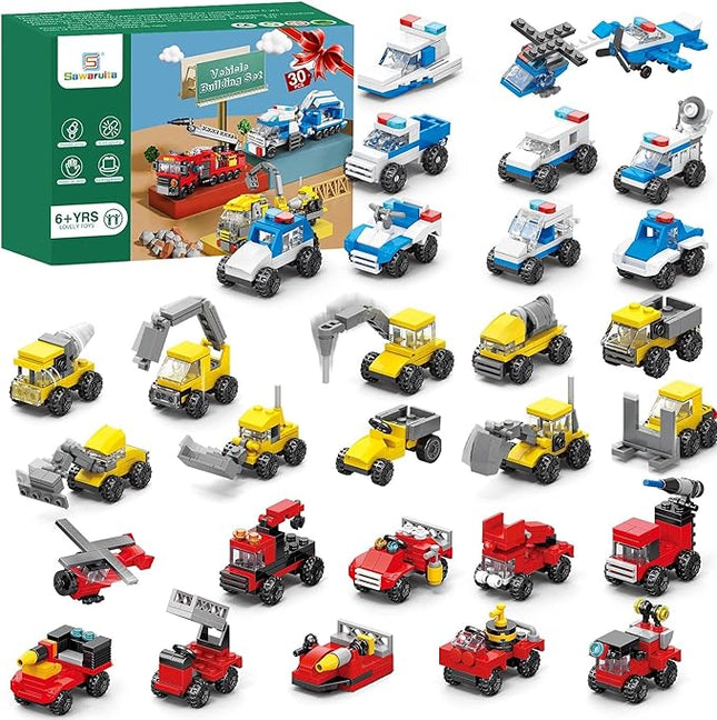 Sawaruita 30Pack Mini Cars Building Blocks Party Favors for Kids - Small Fire Truck,City Police Car,Construction Vehicle for Birthday Goodies Bag Filling, Classroom Prizes for Boys 6-12